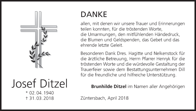  Traueranzeige für Josef Ditzel vom 14.04.2018 aus MGO