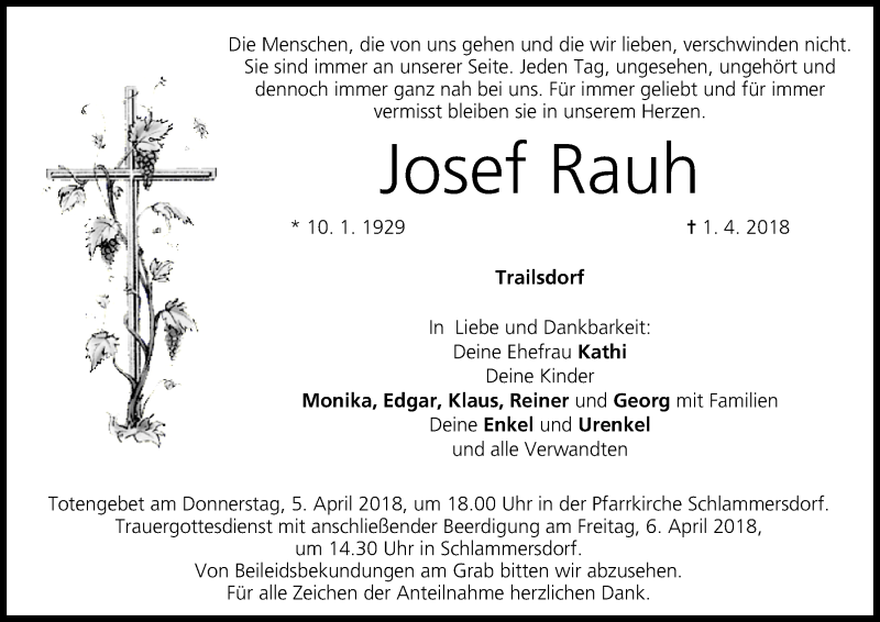  Traueranzeige für Josef Rauh vom 04.04.2018 aus MGO