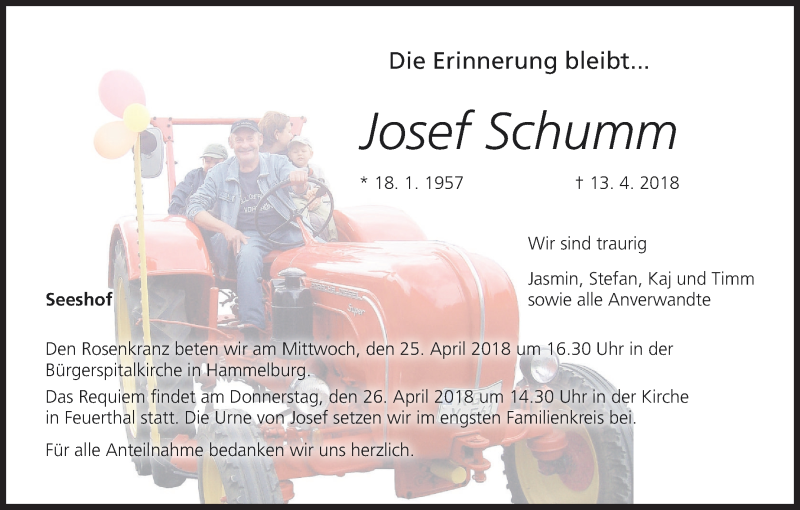  Traueranzeige für Josef Schumm vom 21.04.2018 aus MGO