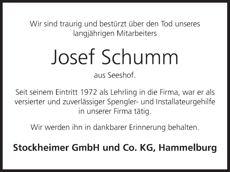  Traueranzeige für Josef Schumm vom 25.04.2018 aus MGO