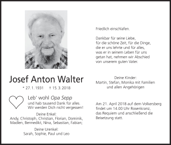Anzeige von Josef Anton Walter von MGO