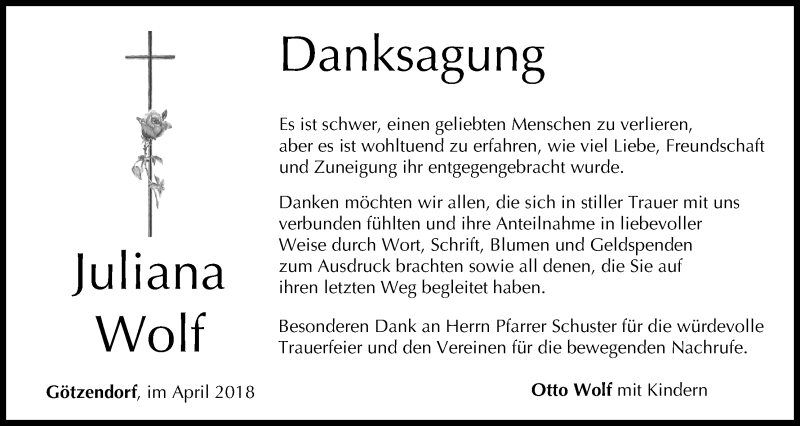  Traueranzeige für Juliana Wolf vom 14.04.2018 aus MGO