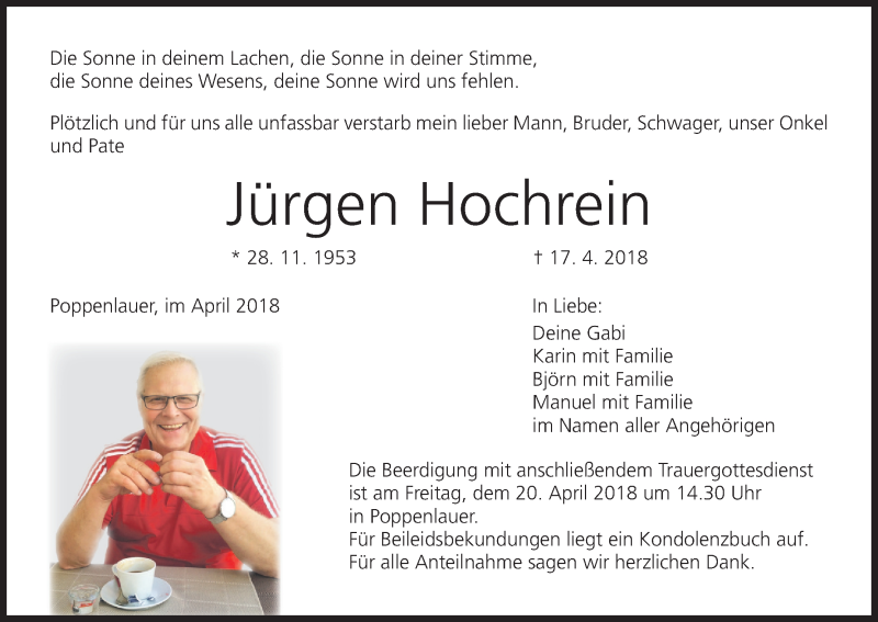  Traueranzeige für Jürgen Hochrein vom 19.04.2018 aus MGO