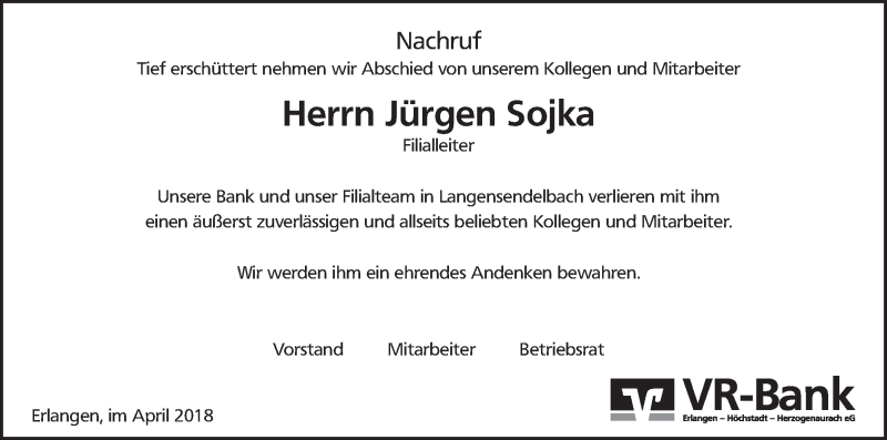  Traueranzeige für Jürgen Sojka vom 25.04.2018 aus MGO