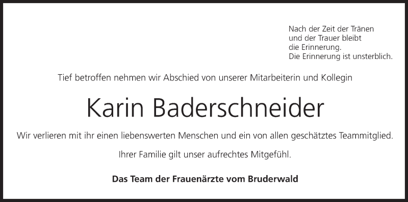  Traueranzeige für Karin Baderschneider vom 28.04.2018 aus MGO