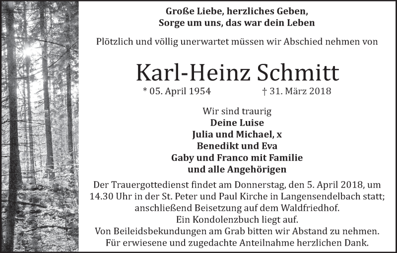  Traueranzeige für Karl-Heinz Schmitt vom 03.04.2018 aus MGO