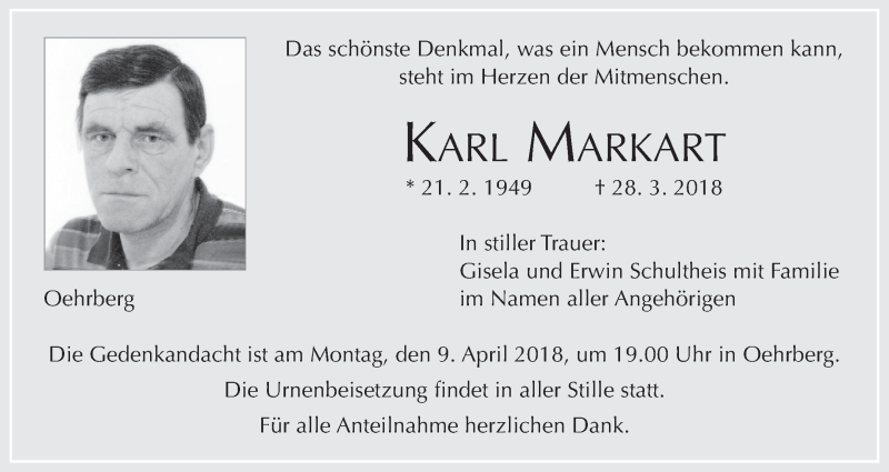  Traueranzeige für Karl Markart vom 07.04.2018 aus MGO