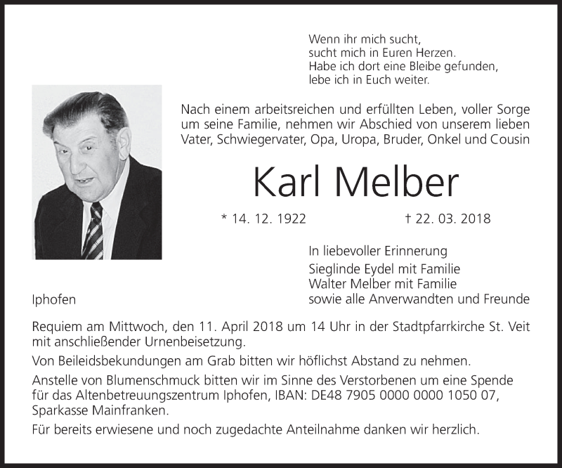  Traueranzeige für Karl Melber vom 09.04.2018 aus MGO