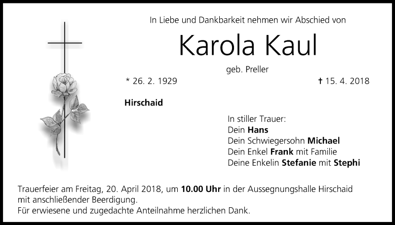  Traueranzeige für Karola Kaul vom 17.04.2018 aus MGO