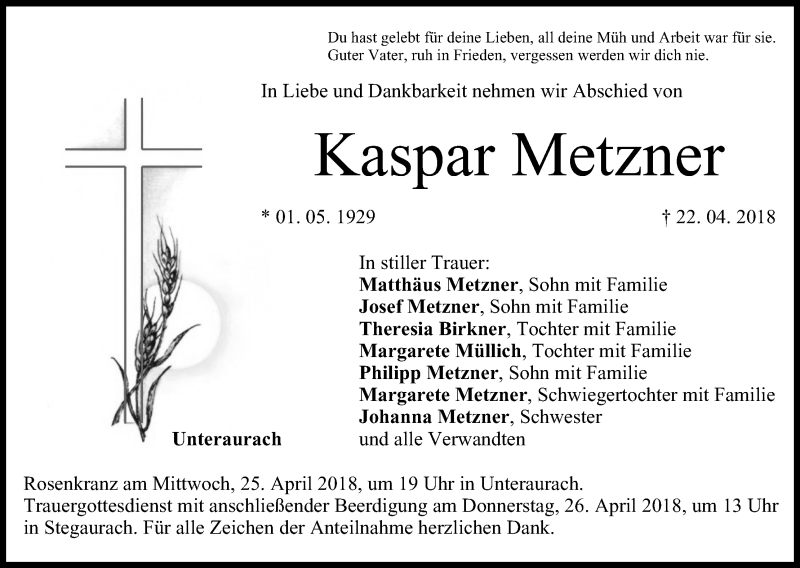  Traueranzeige für Kaspar Metzner vom 24.04.2018 aus MGO