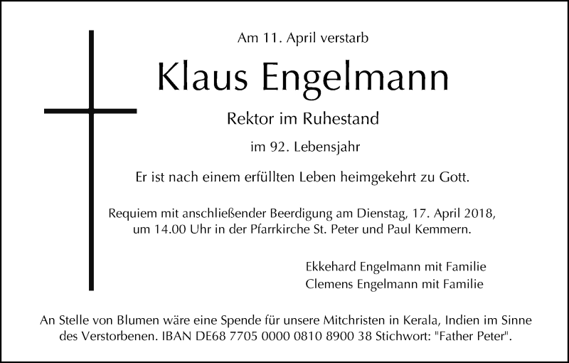  Traueranzeige für Klaus Engelmann vom 14.04.2018 aus MGO