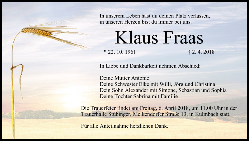 Traueranzeige für Klaus Fraas vom 04.04.2018 aus MGO
