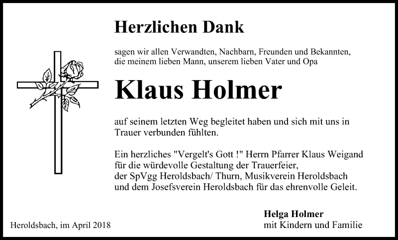  Traueranzeige für Klaus Holmer vom 07.04.2018 aus MGO