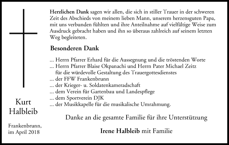  Traueranzeige für Kurt Halbleib vom 07.04.2018 aus MGO