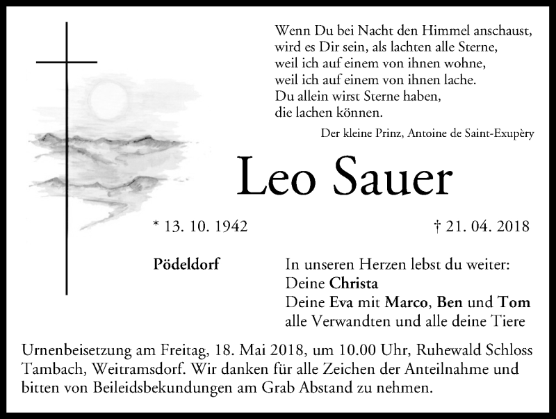  Traueranzeige für Leo Sauer vom 25.04.2018 aus MGO