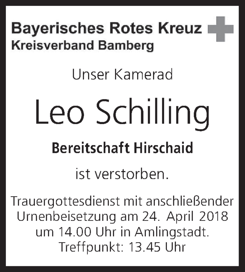 Traueranzeige für Leo Schilling vom 19.04.2018 aus MGO