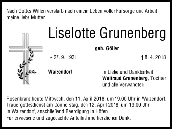 Anzeige von Liselotte Grunenberg von MGO