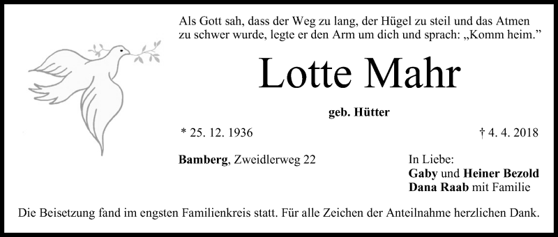  Traueranzeige für Lotte Mahr vom 14.04.2018 aus MGO