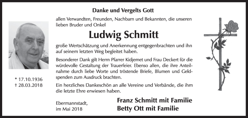  Traueranzeige für Ludwig Schmitt vom 21.04.2018 aus MGO
