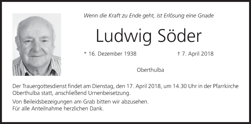  Traueranzeige für Ludwig Söder vom 11.04.2018 aus MGO