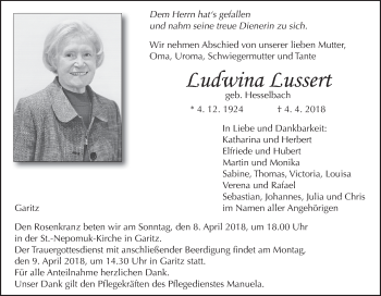 Anzeige von Ludwina Lussert von MGO
