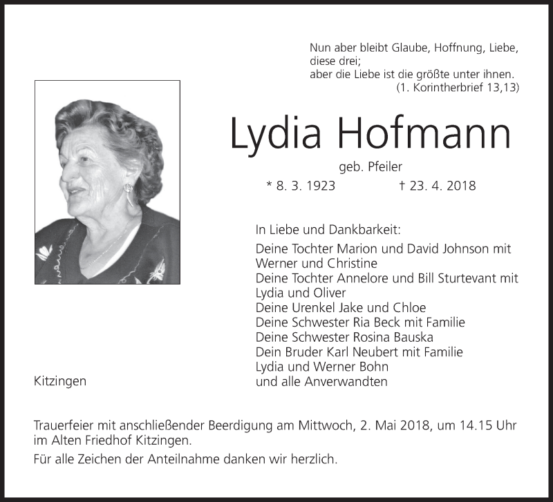  Traueranzeige für Lydia Hofmann vom 28.04.2018 aus MGO