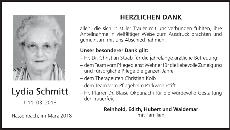  Traueranzeige für Lydia Schmitt vom 07.04.2018 aus MGO