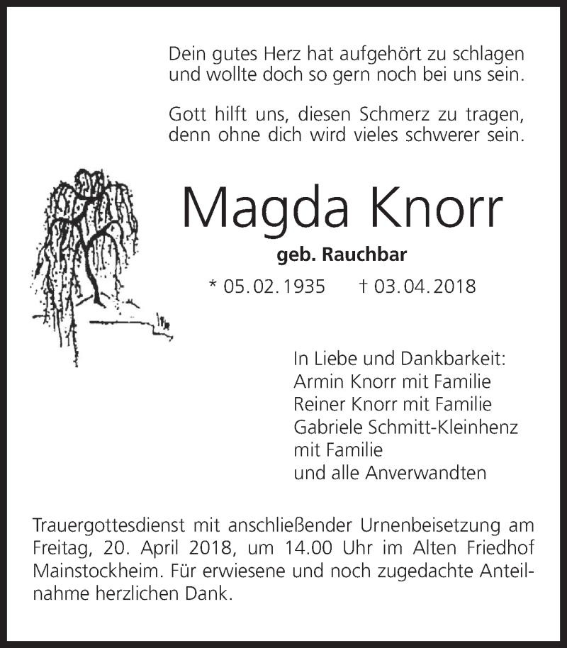  Traueranzeige für Magda Knorr vom 14.04.2018 aus MGO