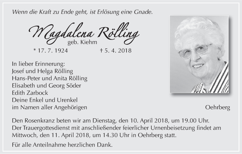 Traueranzeige für Magdalena Rölling vom 09.04.2018 aus MGO