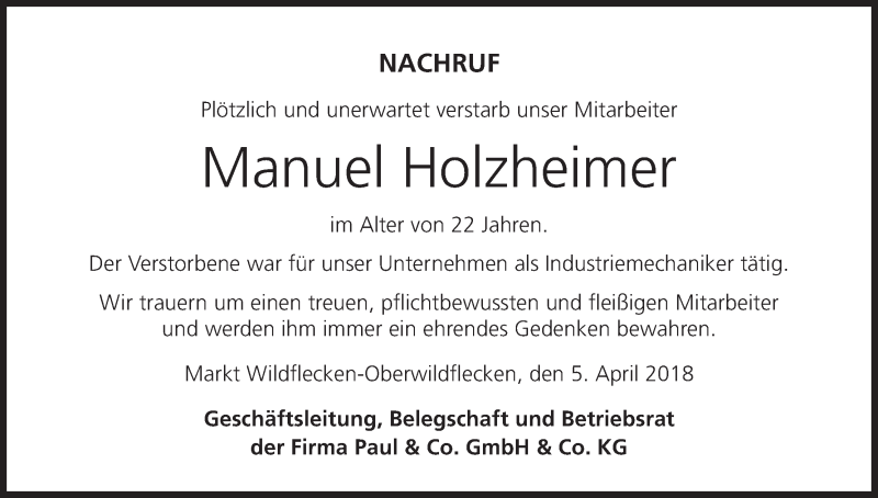  Traueranzeige für Manuel Holzheimer vom 05.04.2018 aus MGO