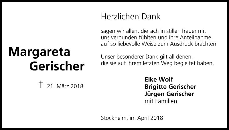 Traueranzeige für Margareta Gerischer vom 14.04.2018 aus MGO