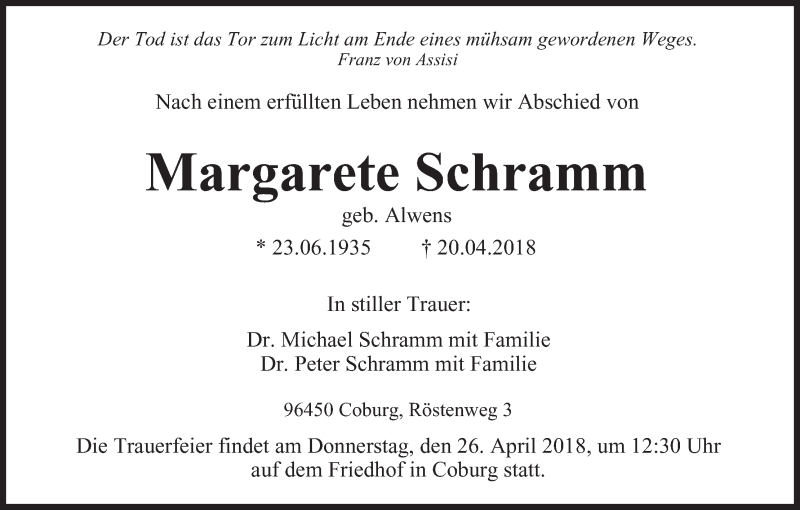  Traueranzeige für Margarete Schramm vom 21.04.2018 aus MGO