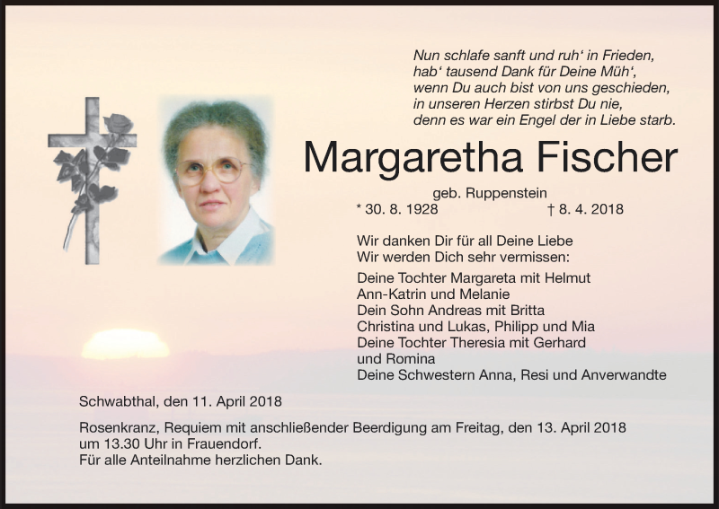  Traueranzeige für Margaretha Fischer vom 11.04.2018 aus MGO