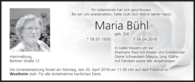  Traueranzeige für Maria Bühl vom 27.04.2018 aus MGO