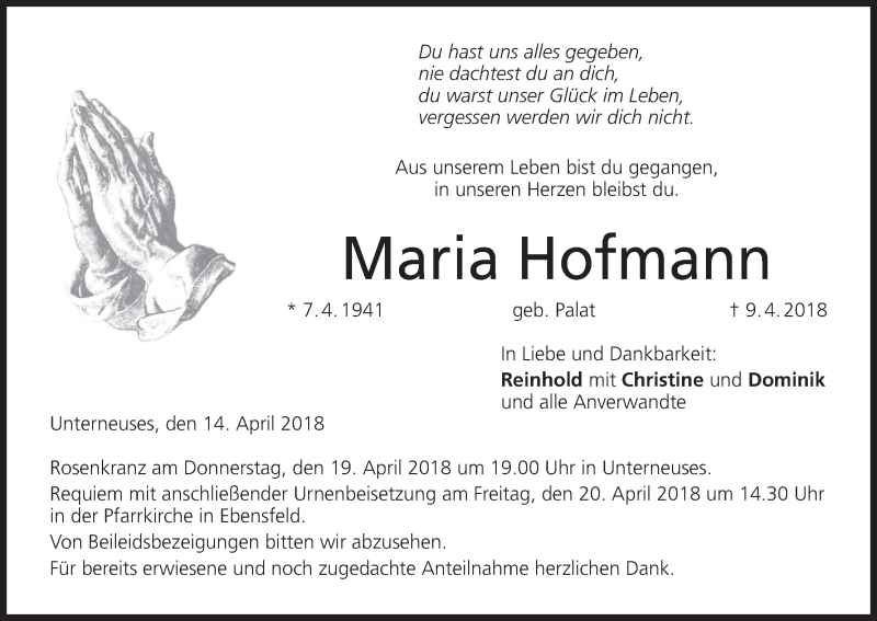  Traueranzeige für Maria Hofmann vom 14.04.2018 aus MGO