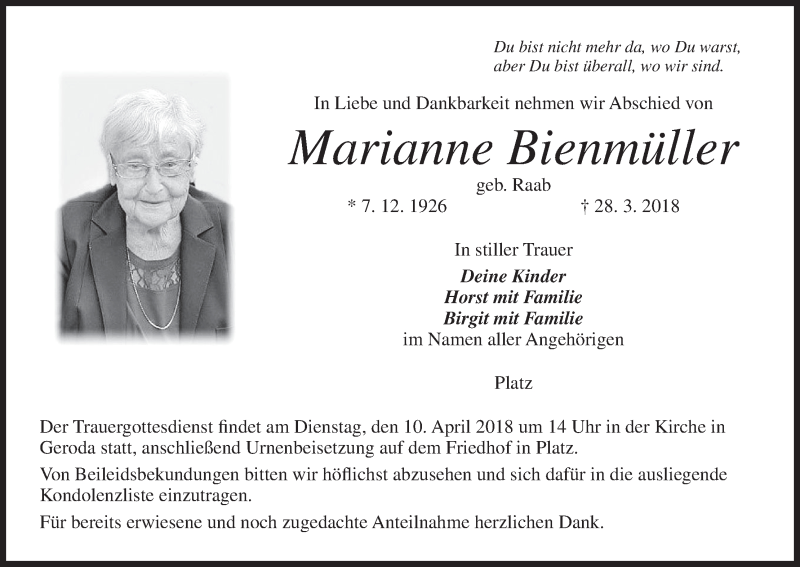  Traueranzeige für Marianne Bienmüller vom 07.04.2018 aus MGO
