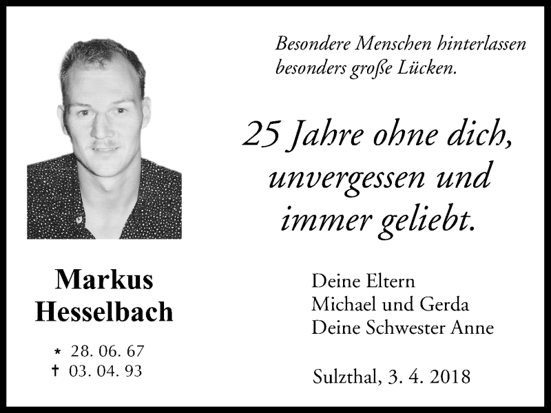  Traueranzeige für Markus Heselbach vom 03.04.2018 aus MGO