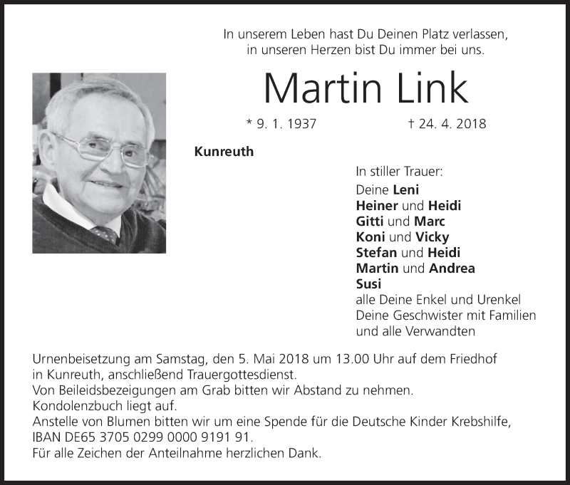  Traueranzeige für Martin Link vom 30.04.2018 aus MGO