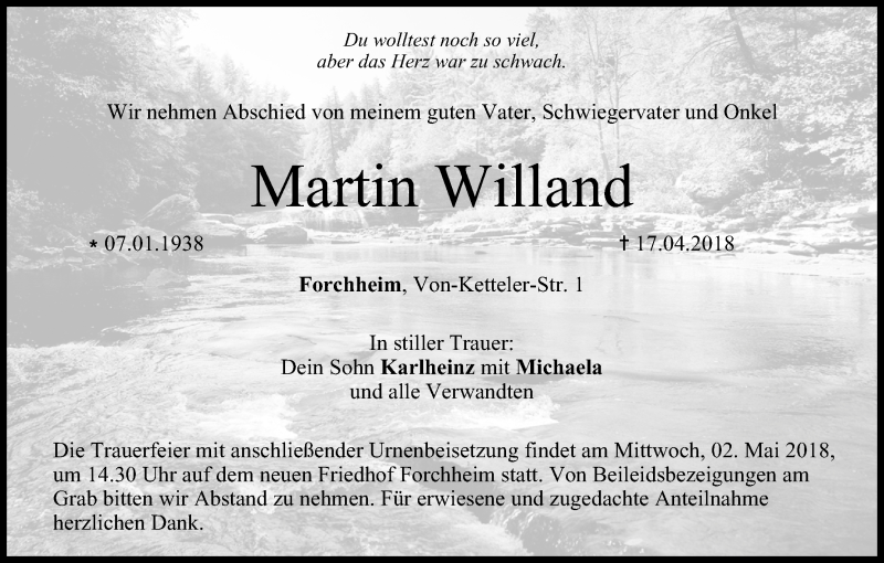  Traueranzeige für Martin Willand vom 28.04.2018 aus MGO