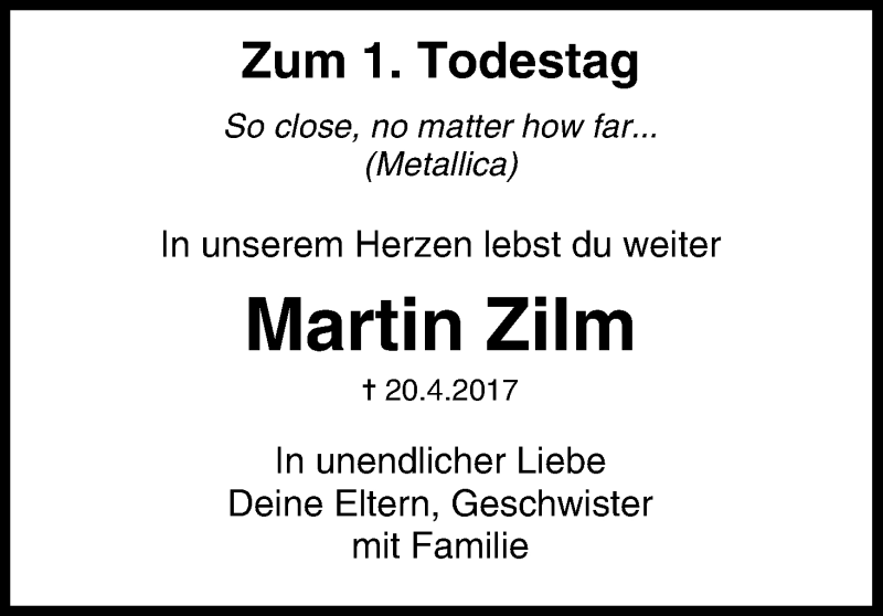  Traueranzeige für Martin Zilm vom 20.04.2018 aus MGO