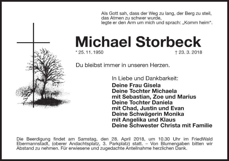  Traueranzeige für Michael Storbeck vom 14.04.2018 aus MGO