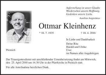 Anzeige von Ottmar Kleinhenz von MGO