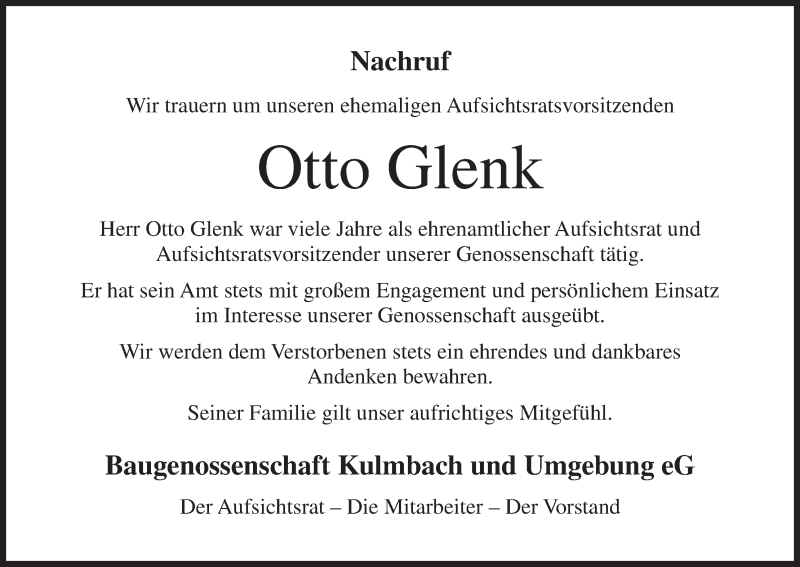 Traueranzeige für Otto Glenk vom 25.04.2018 aus MGO