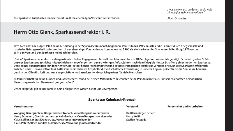 Traueranzeige für Otto Glenk vom 23.04.2018 aus MGO