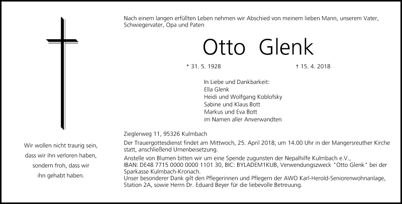  Traueranzeige für Otto Glenk vom 21.04.2018 aus MGO