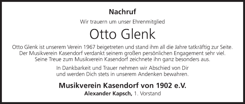  Traueranzeige für Otto Glenk vom 28.04.2018 aus MGO
