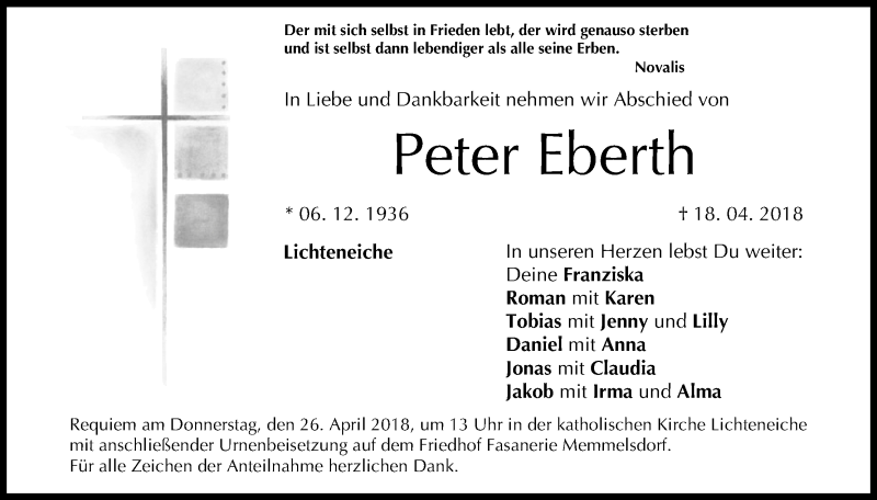  Traueranzeige für Peter Eberth vom 21.04.2018 aus MGO