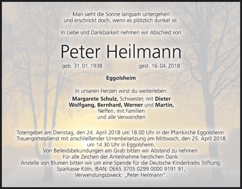  Traueranzeige für Peter Heilmann vom 21.04.2018 aus MGO