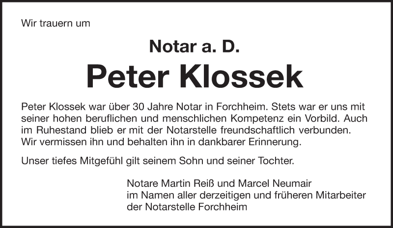  Traueranzeige für Peter Klossek vom 30.04.2018 aus MGO