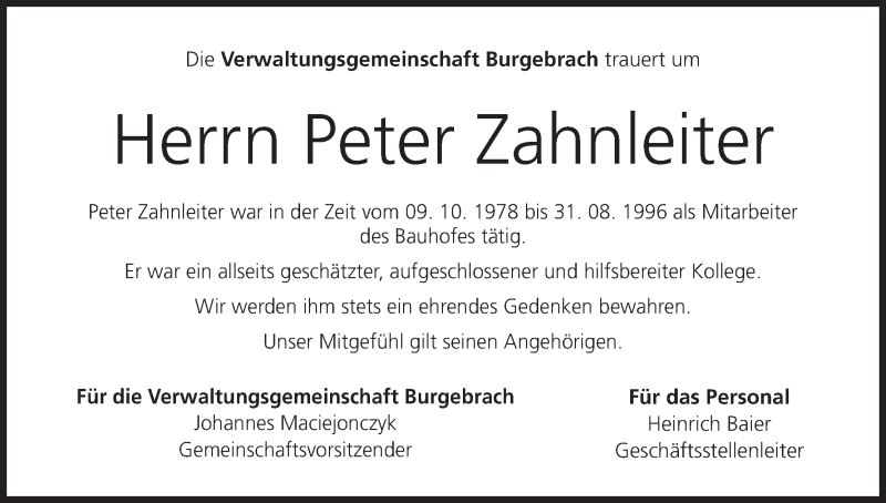  Traueranzeige für Peter Zahnleiter vom 04.04.2018 aus MGO